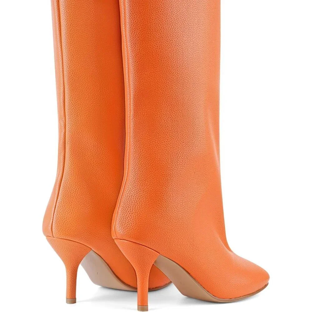 Women's Orange Lychee Wide Calf Square Toe Stiletto Heels Knee High Suede Boots